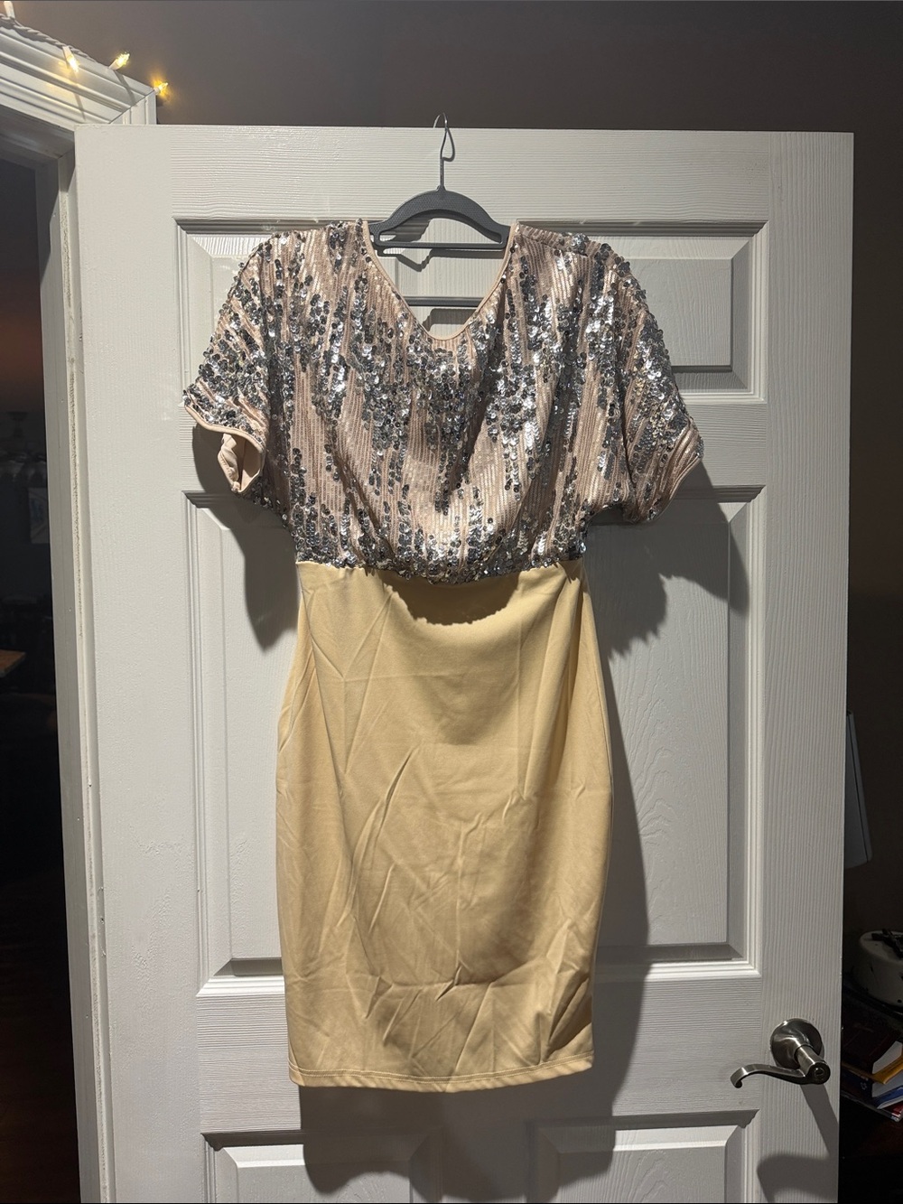 Sequin-Embellished Midi Dress in Blush and Cream